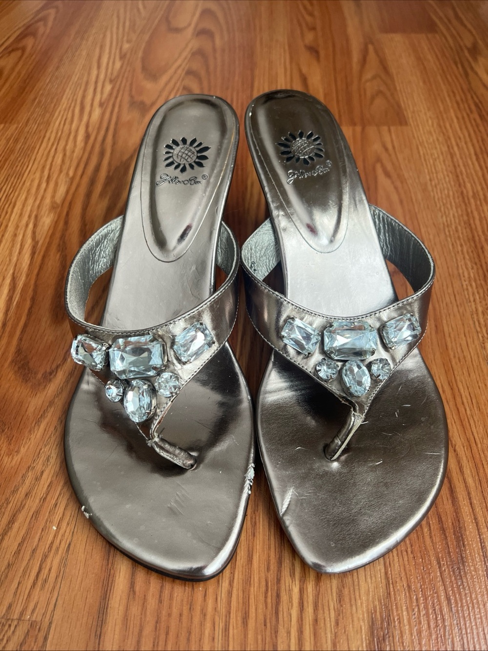 Yellow Box Metallic Silver Jeweled Thong Sandals - Women